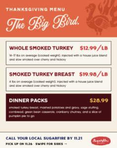 Thanksgiving 2026 Turkey and Meal Options. Contact your local Sugarfire for details.