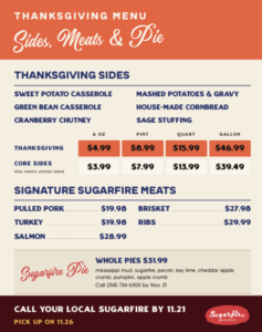 Thanksgiving 2026 Meat and Side Options. Contact your local Sugarfire for details.